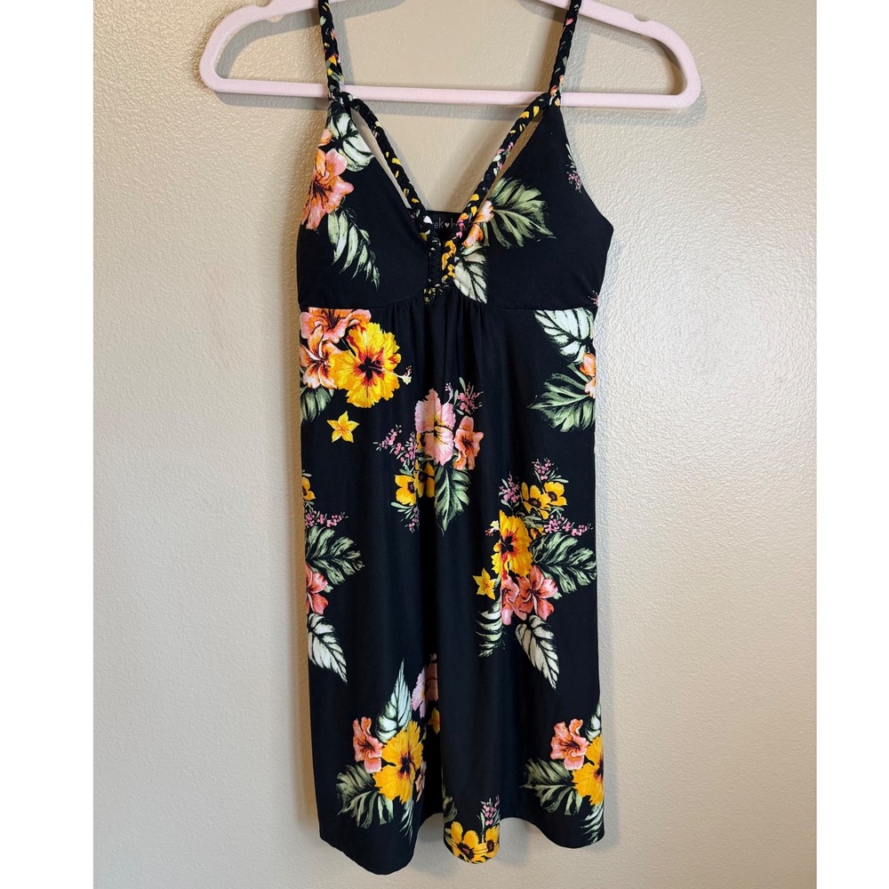 Derek Heart Woman's Floral Mini Dress Black Tropical Hibiscus Braided Straps XS